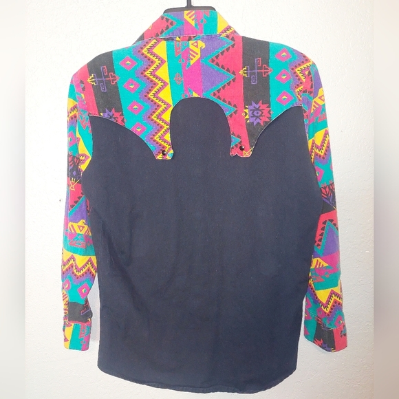 Vtg 80s 90s Wild West Colorful Western  Bib Womens Shirt Aztec Print USA Medium - Picture 2 of 8